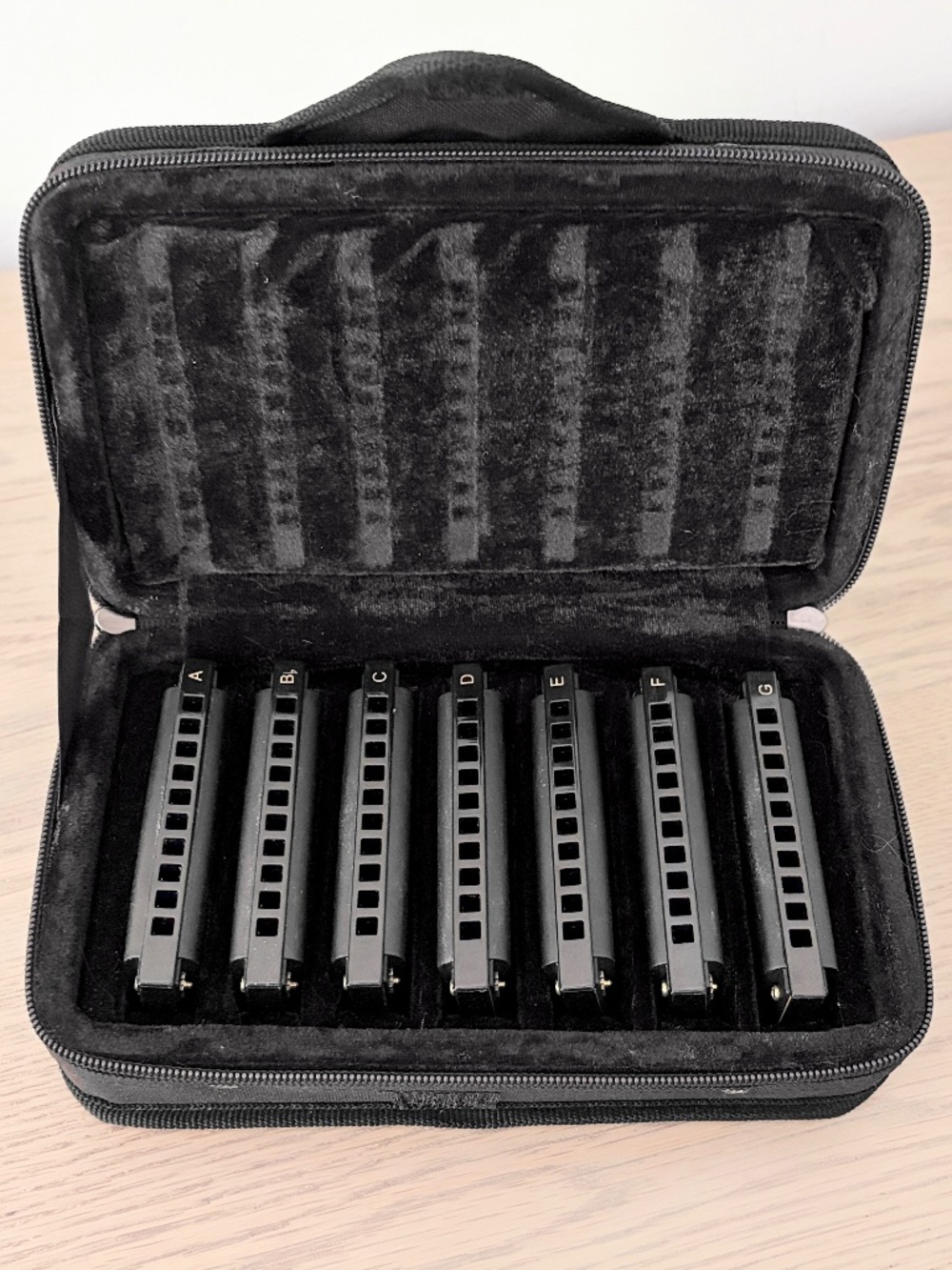 Hohner, Harmonica, Set of 7, Piedmont Blues, With Carrying Case, Good Condition